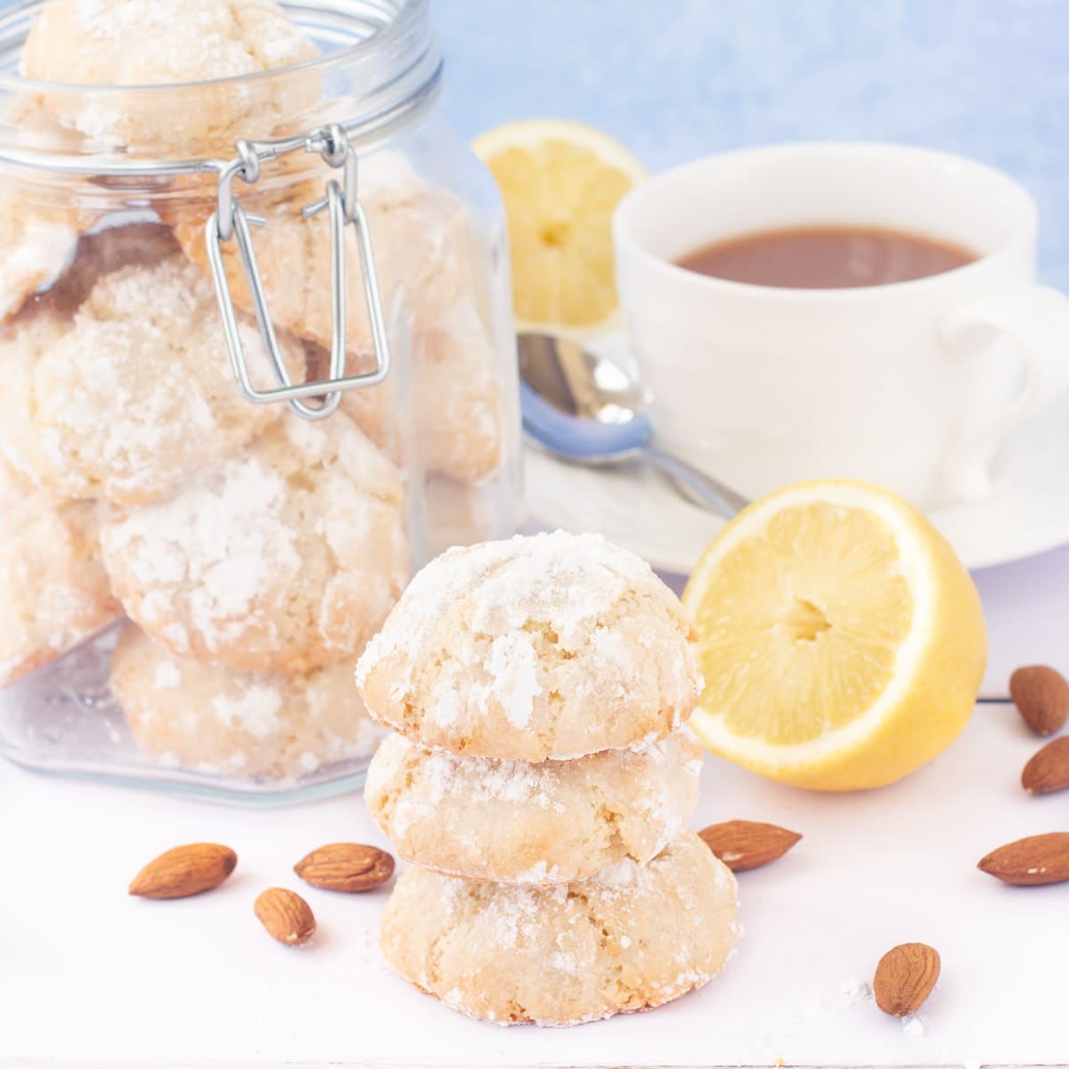 Delicious soft centred Lemon Amaretti Biscuits. So easy to make, crisp on the outside, chewy in the middle and packed with lemon flavour. They’re naturally gluten-free too.