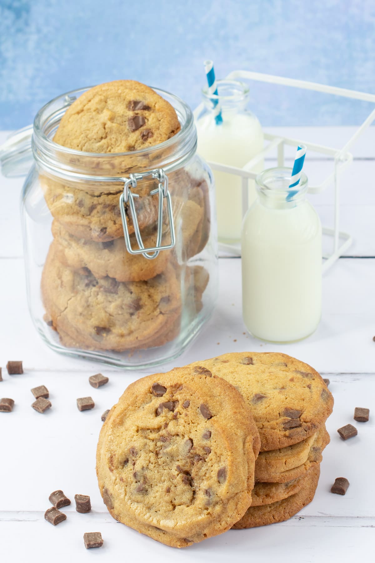 Delicious chunky chocolate chip cookies that the cookie monster would go crazy for. Soft in the middle, crunchy at the edges and packed full of milk chocolate chunks.