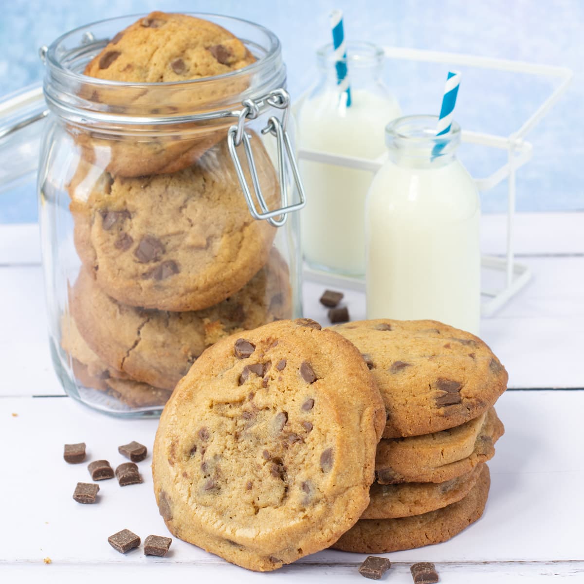Delicious chunky chocolate chip cookies that the cookie monster would go crazy for. Soft in the middle, crunchy at the edges and packed full of milk chocolate chunks.