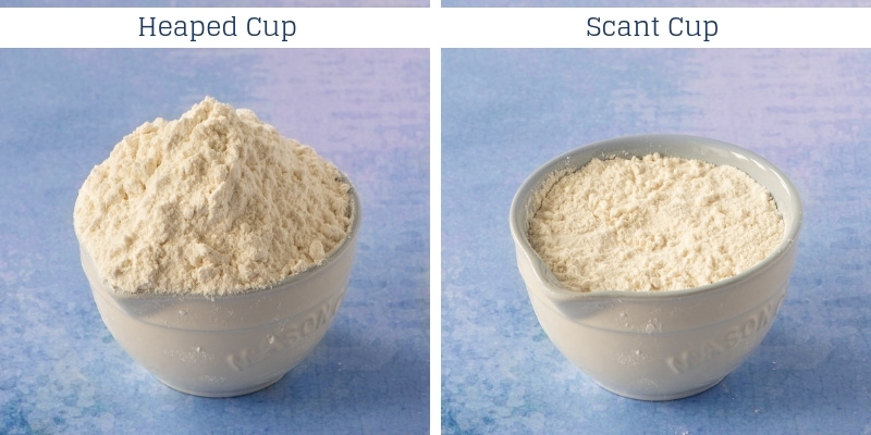 A heaped cup of flour and a scant cup of flour. 