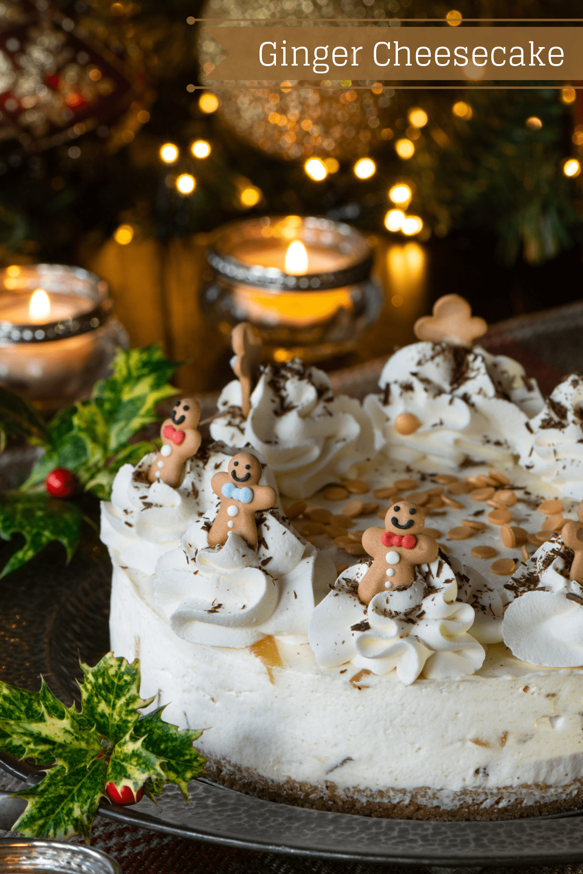 No-Bake Ginger Cheesecake - A crunchy biscuit base with a smooth ginger cheesecake filling and plenty of chopped stem ginger running through it, topped with swirls of whipped cream and grated dark chocolate.