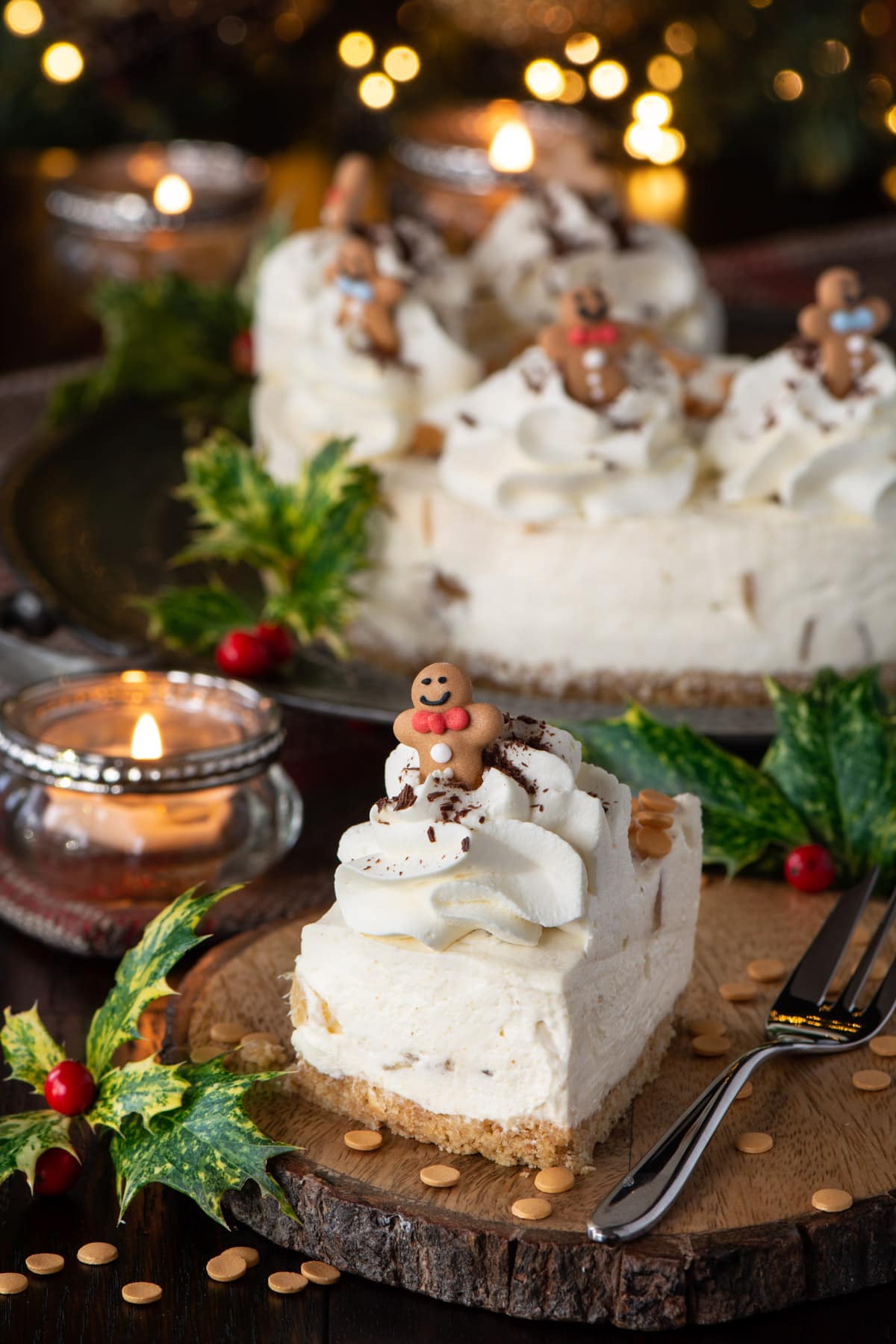 No-Bake Ginger Cheesecake - A crunchy biscuit base with a smooth ginger cheesecake filling and plenty of chopped stem ginger running through it, topped with swirls of whipped cream and grated dark chocolate.