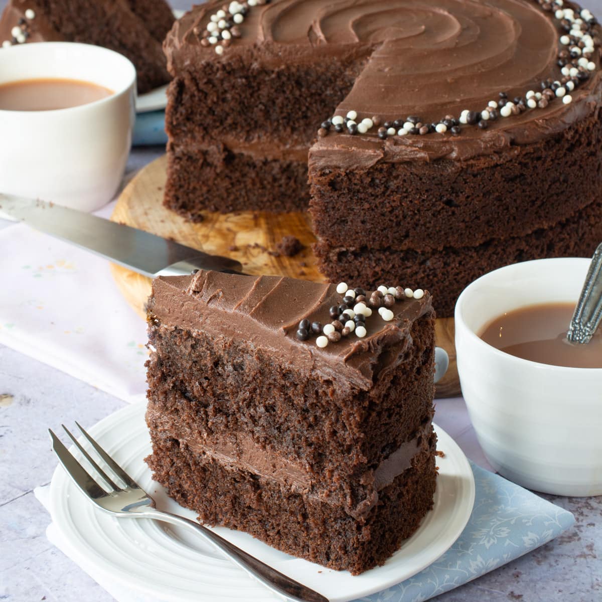An easy chocolate cake that's moist, delicious and packed full of chocolate.