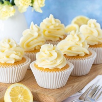 Lemon cupcakes topped with lemon buttercream.