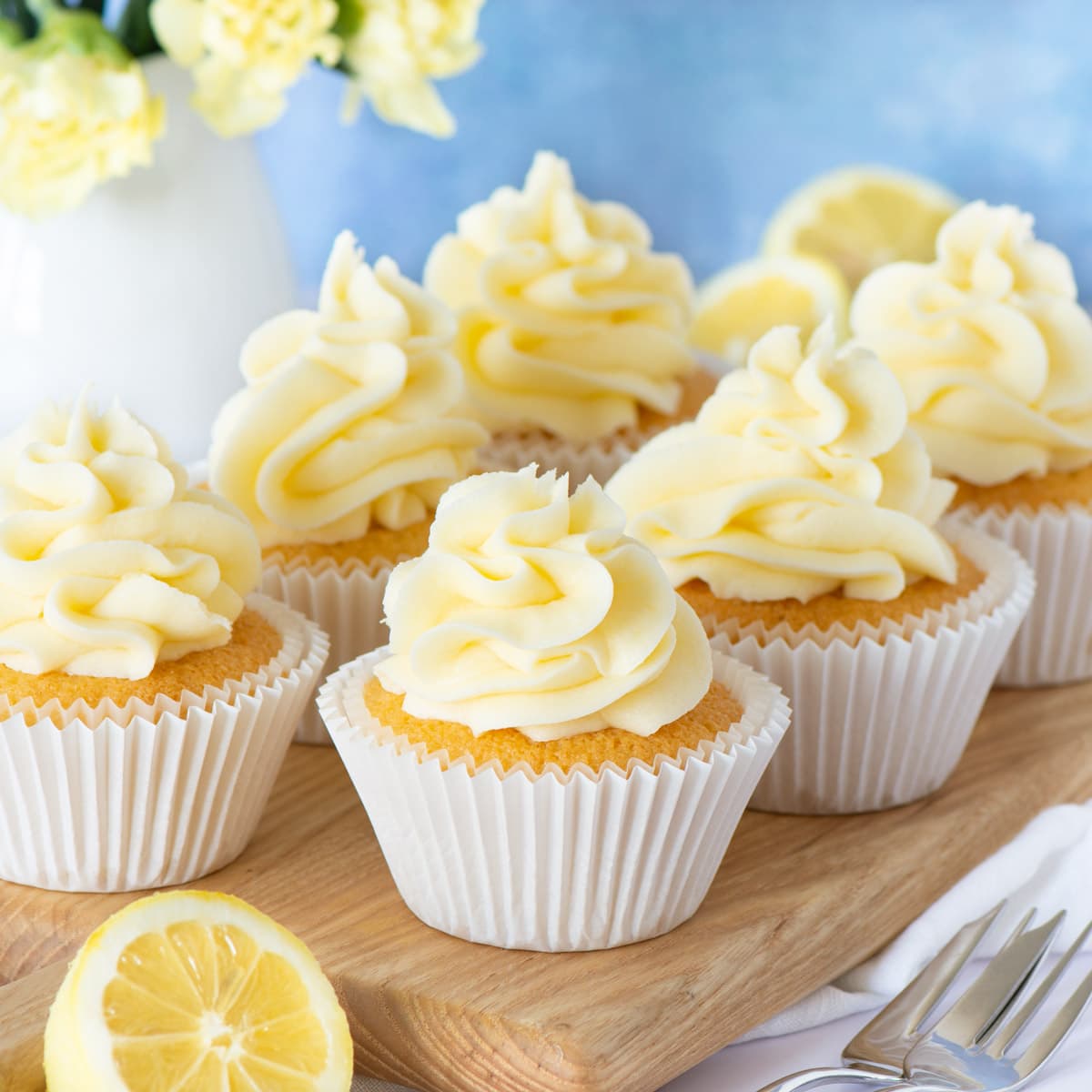 Lemon cupcakes topped with lemon buttercream