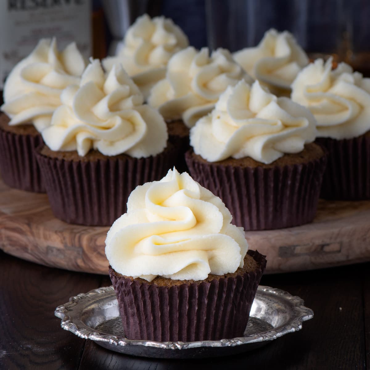 Coffee cupcakes topped with whiskey buttercream.