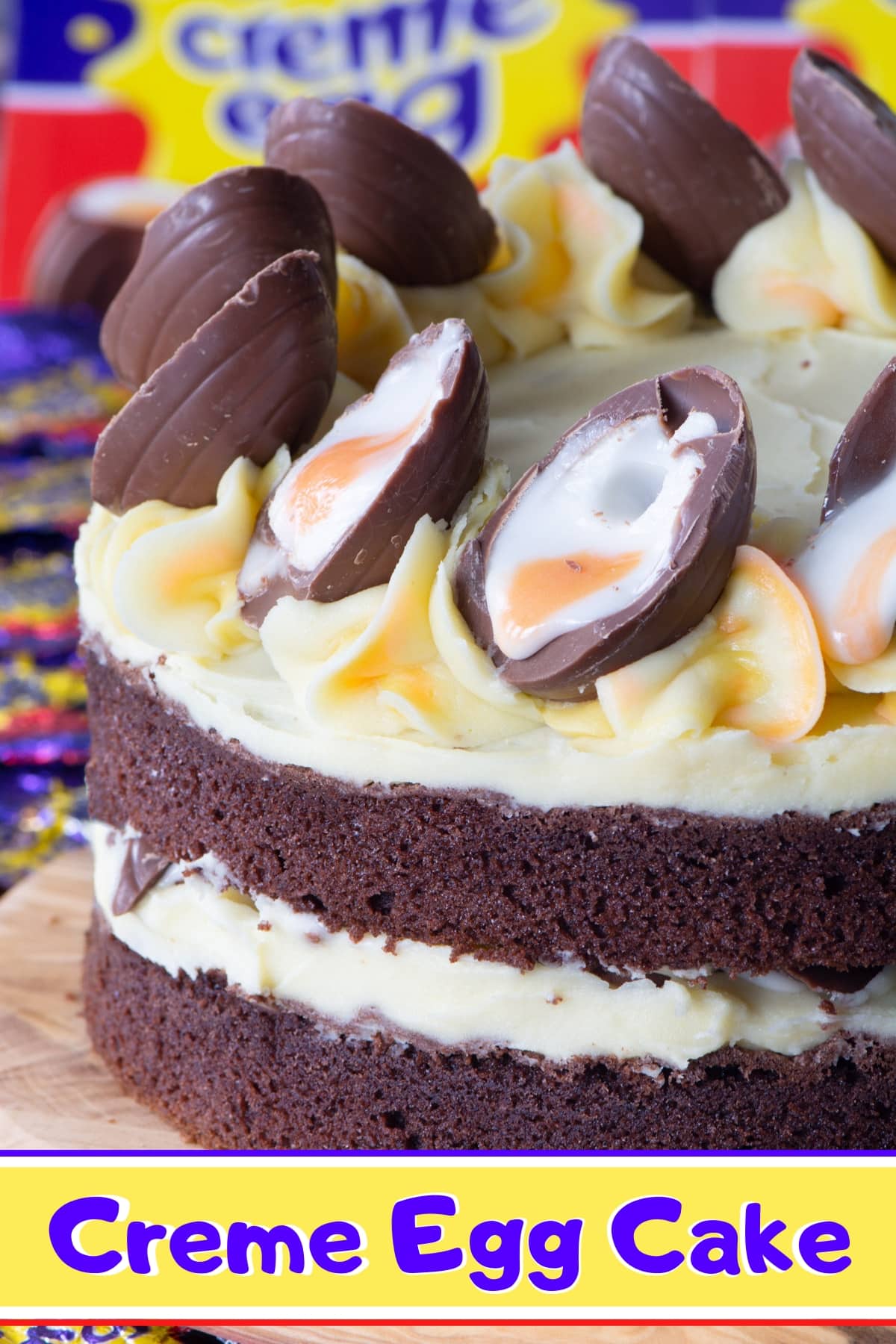 Creme Egg Cake - A very chocolatey chocolate cake, with smooth white chocolate buttercream and plenty of Cadbury Creme Eggs.