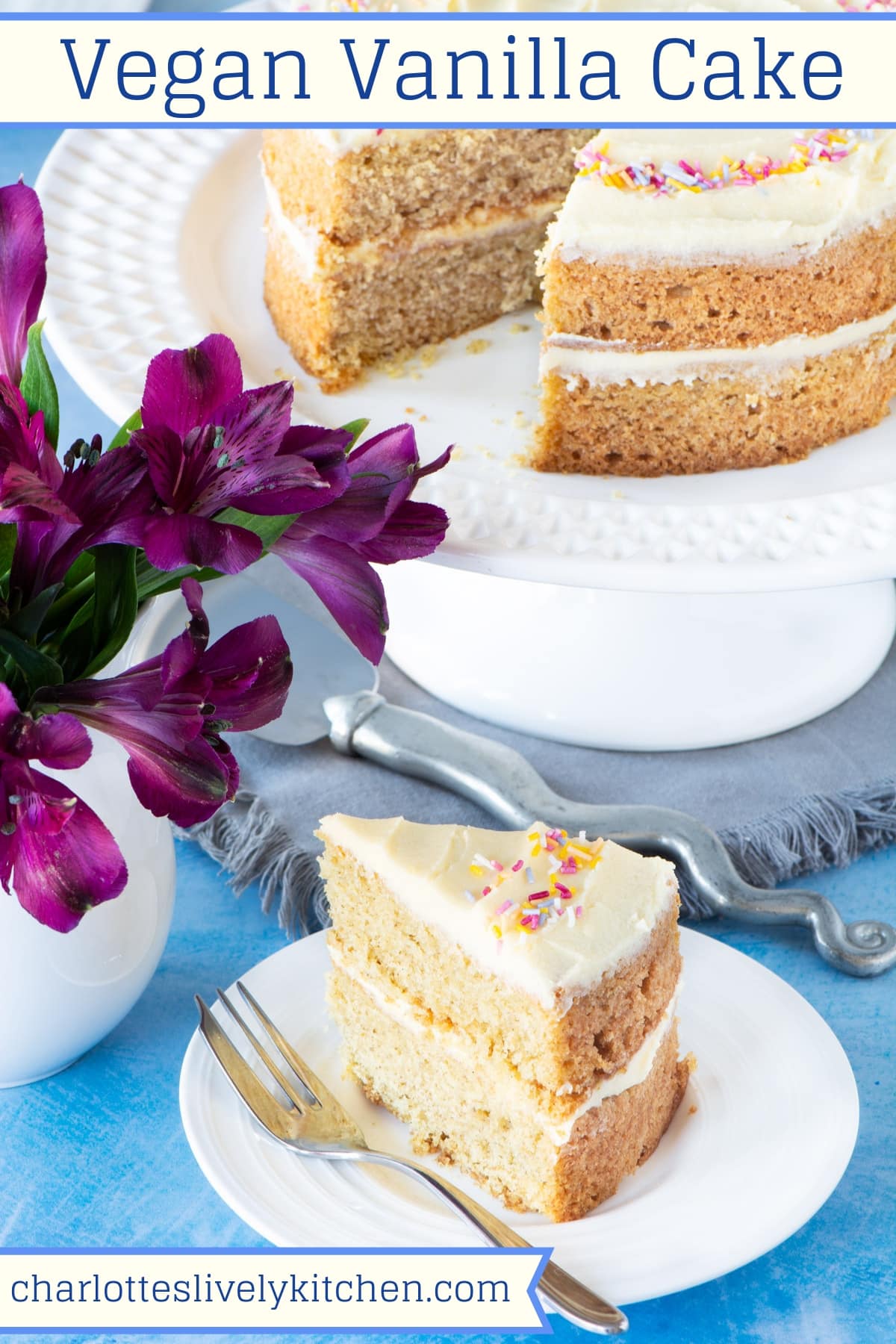 A slice of vegan sponge cake filled with vanilla buttercream, with the remaining cake in the background. The image has a title at the top, so it's perfect for saving to Pinterest.