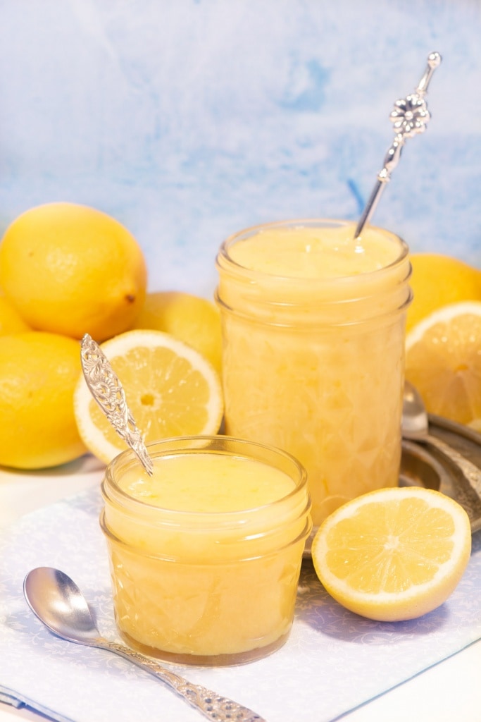 Two jars of homemade lemon curd.