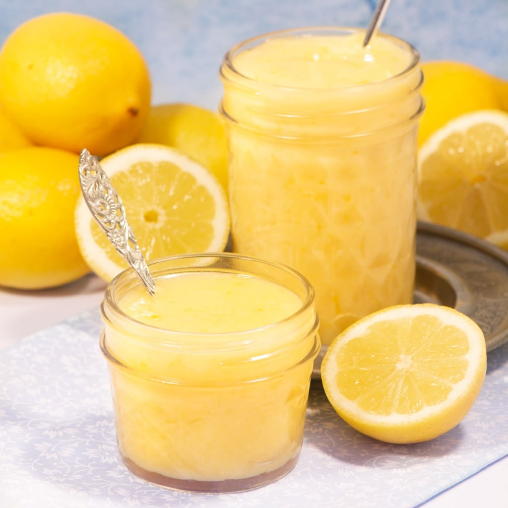 Two jars of homemade lemon curd.