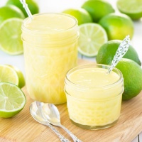 Two jars of homemade lime curd.