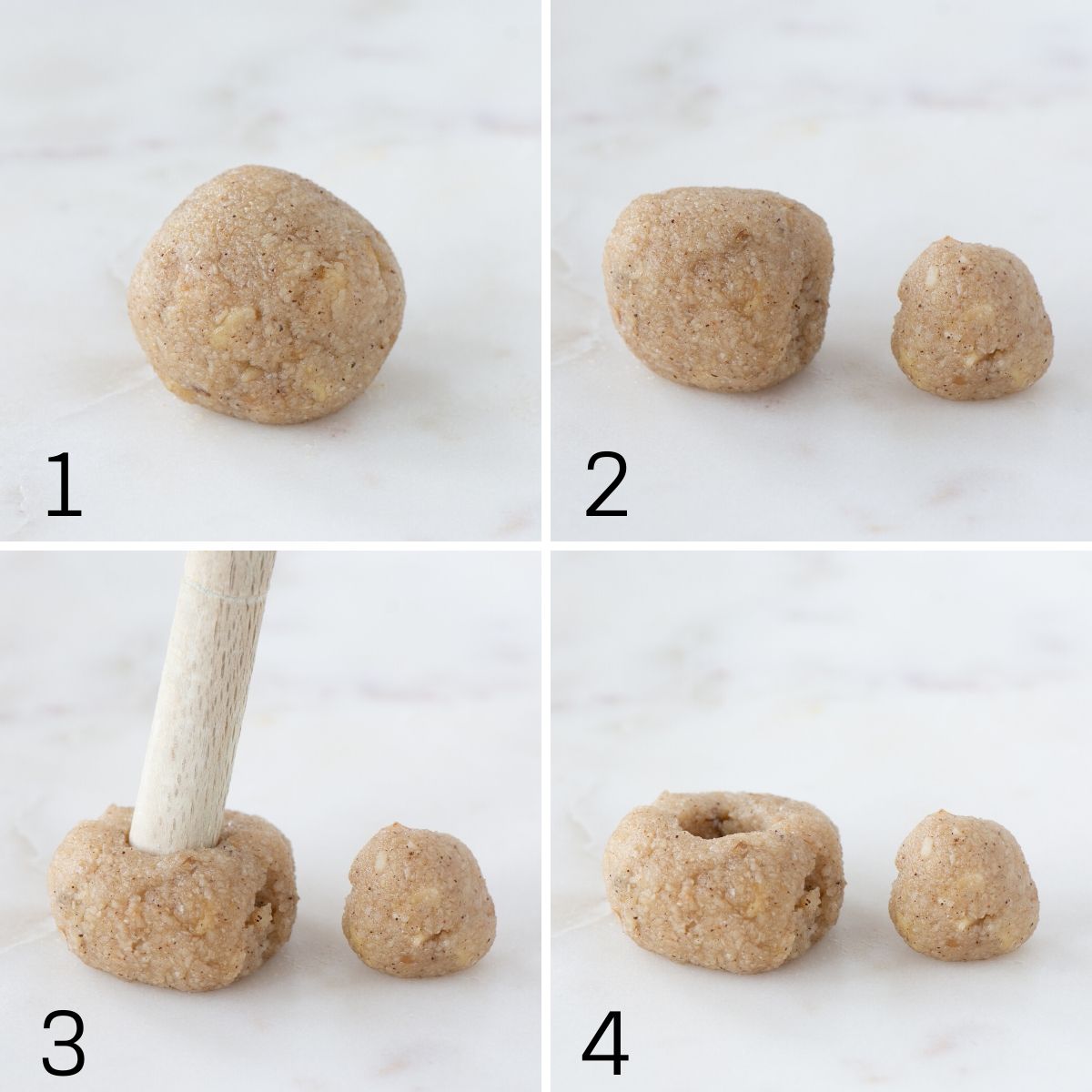 Step-by-step images showing how to add the hidden mincemeat centre.  1) A ball of spiced amaretti biscuit dough.
2) The dough is split into two.
3) The end of a wooden spoon being used to poke a hole in the middle of open ball of dough.
4) The amaretti biscuit dough after the hole has been made.