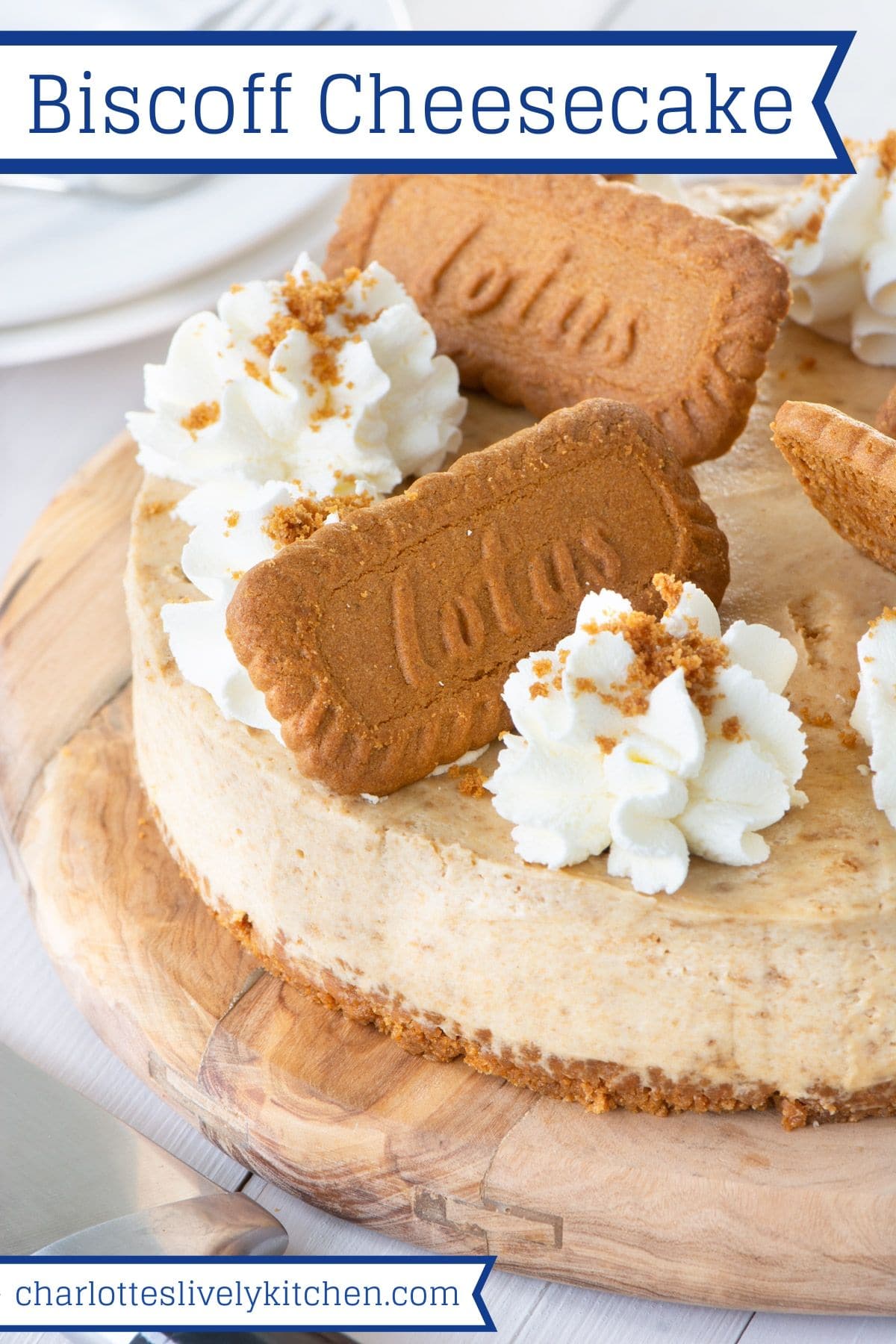 The finished Biscoff cheesecake. The image also includes the title "Biscoff Cheesecake" in blue.