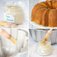 A jar of homemade cake release, a plain vanilla bundt cake and cake release being crushed onto the inside of a bundt tin.