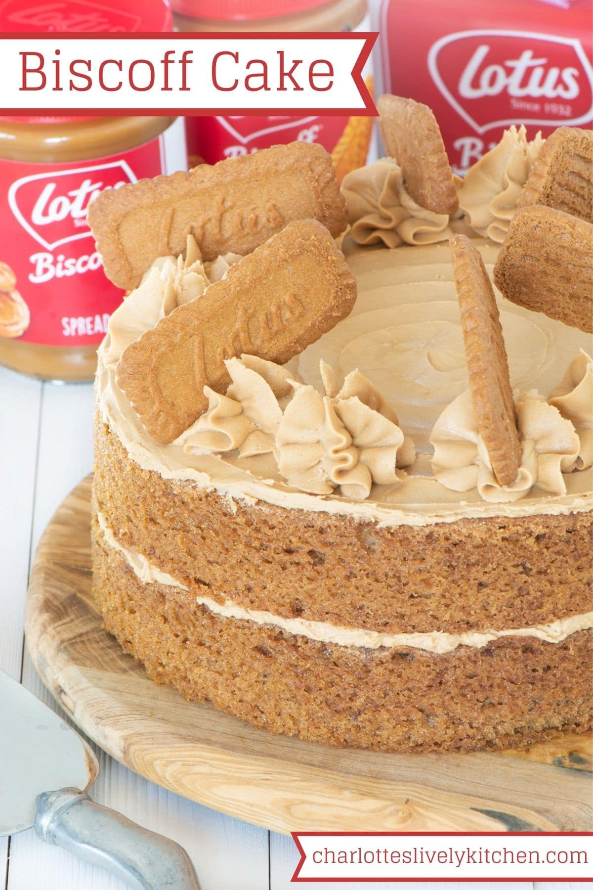 Biscoff cake on a wooden board. 