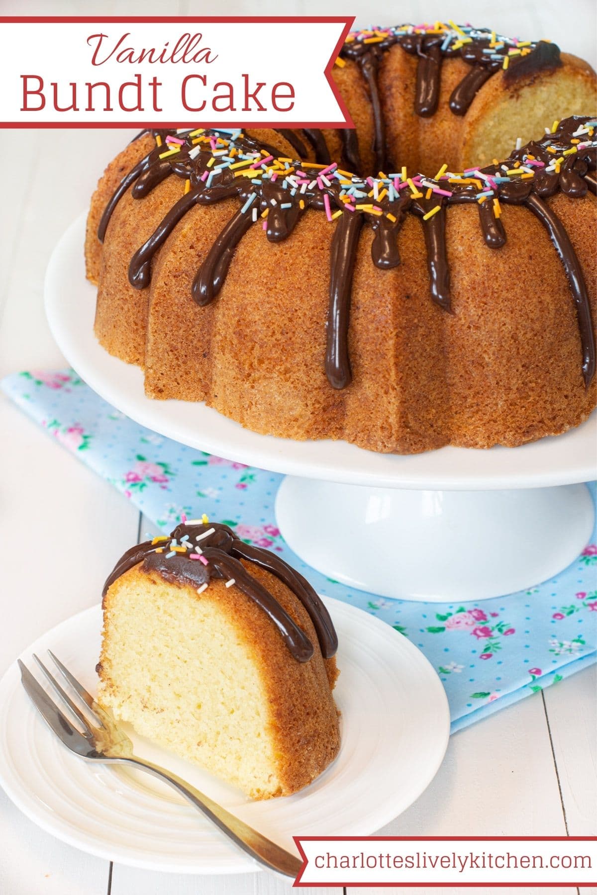 A slice of vanilla bundt cake topped with chocolate ganache and sprinkles. 