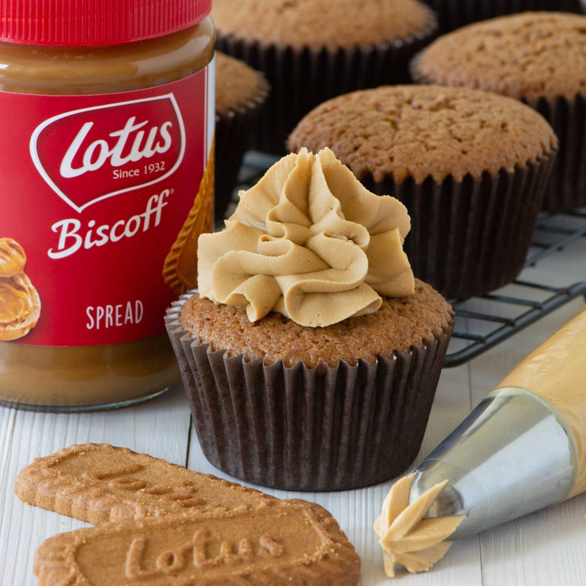 Biscoff buttercream on a cupcake.