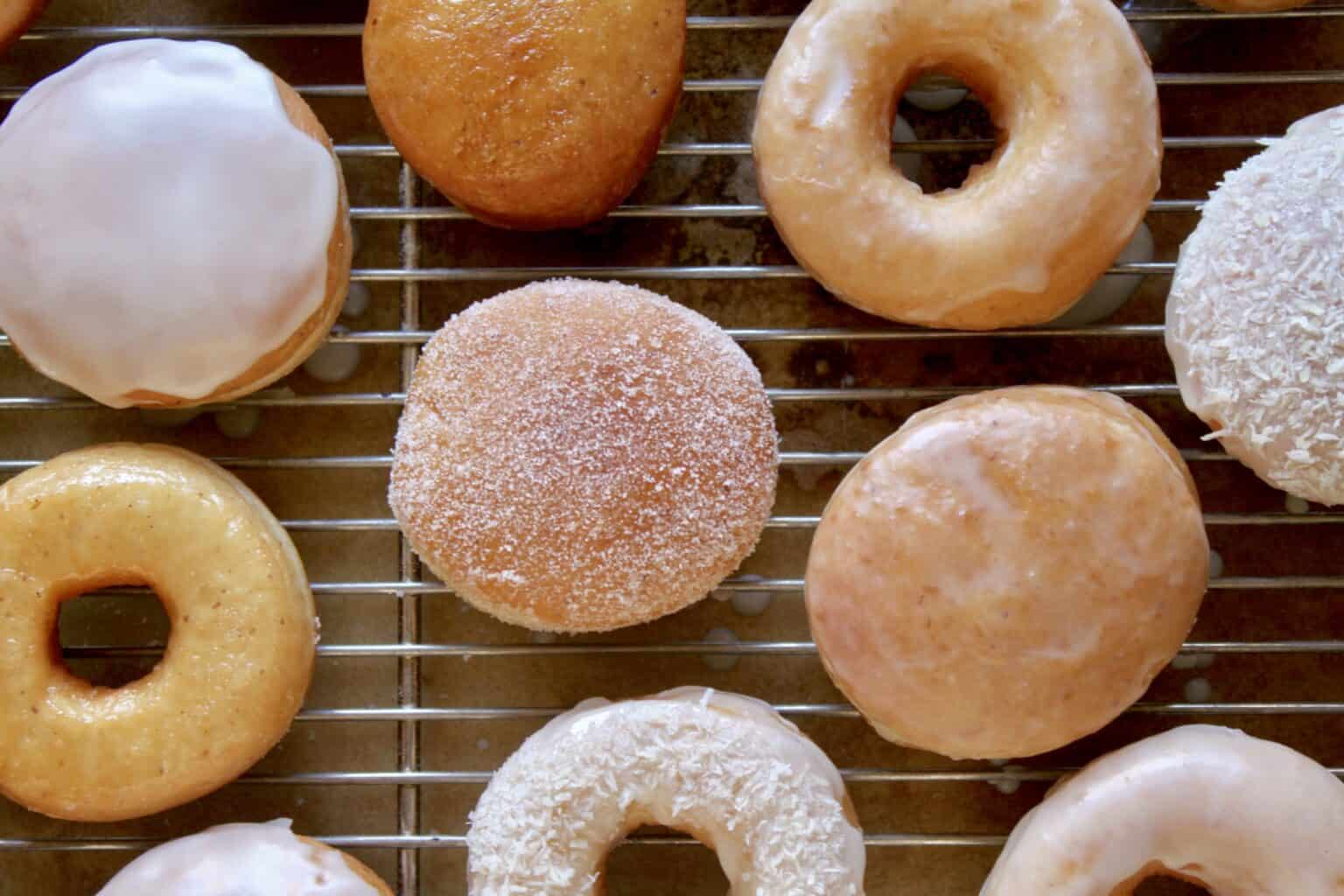 A selection of filled and ring vegan doughnuts.