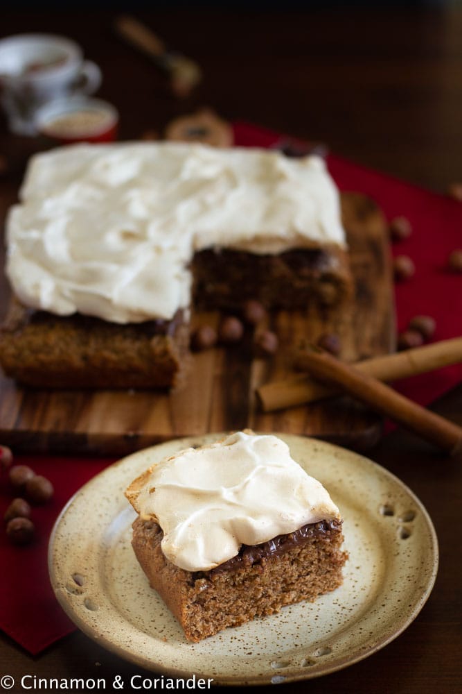 A slice of vegan hazelnut cinnamon sheet cake.