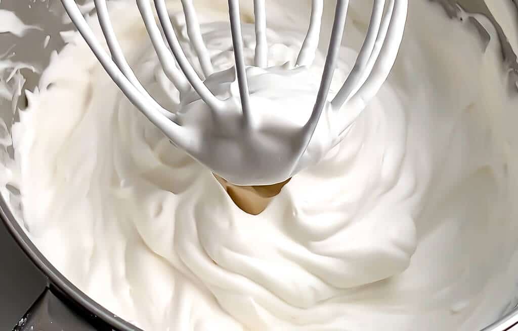 Aquafaba whipped cream in a bowl with the mixer whisk attachment showing.