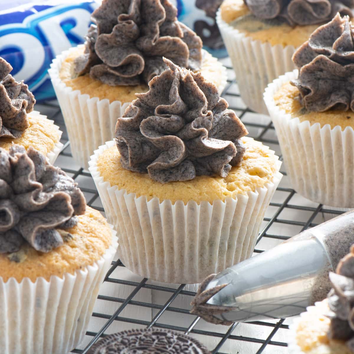 Oreo cupcakes topped with Oreo buttercream and Oreo buttercream in a piping bag.
