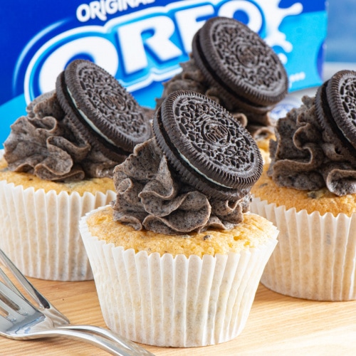 Oreo cupcakes on a wooden board