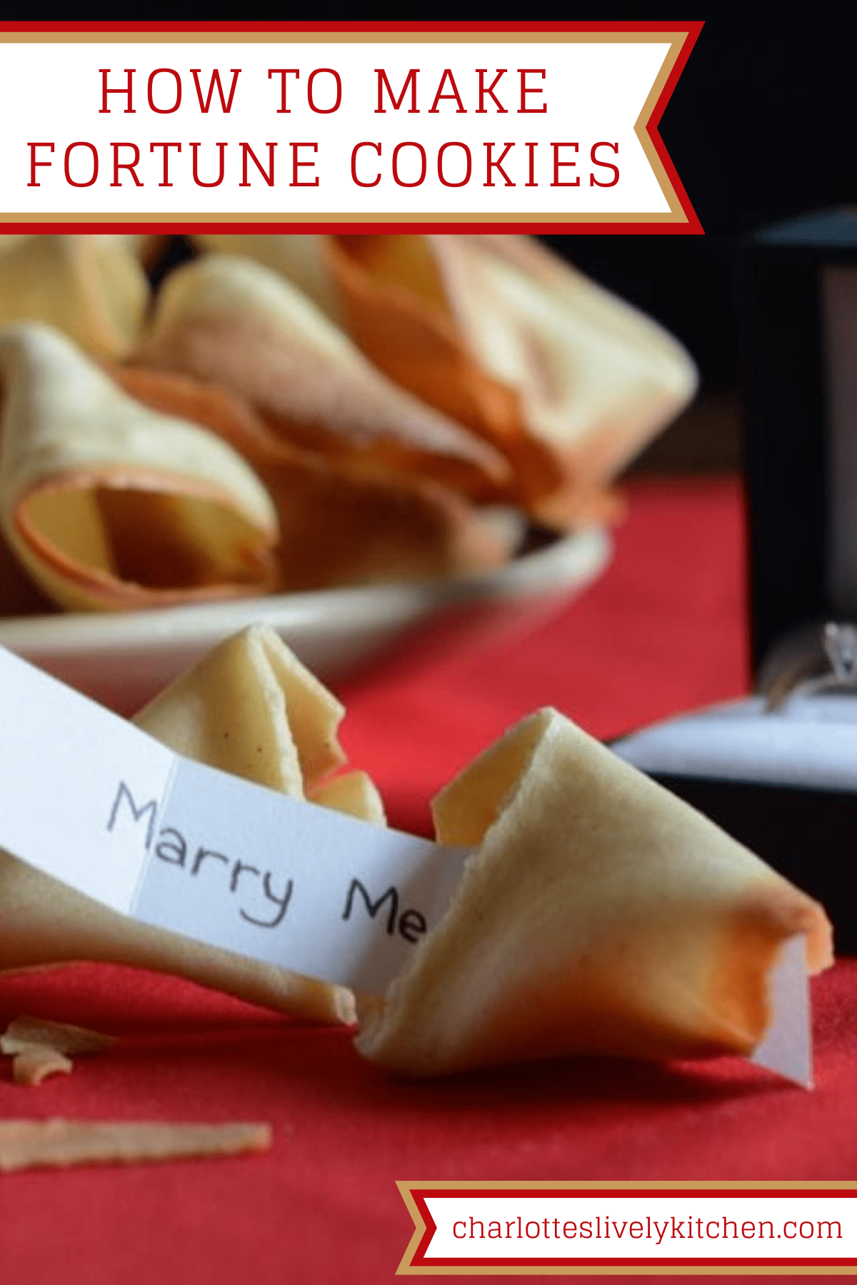 Pin graphic image showing a fortune cookie with a message saying marry me poking out. The page title is written at the top and the website name is shown at the bottom. 