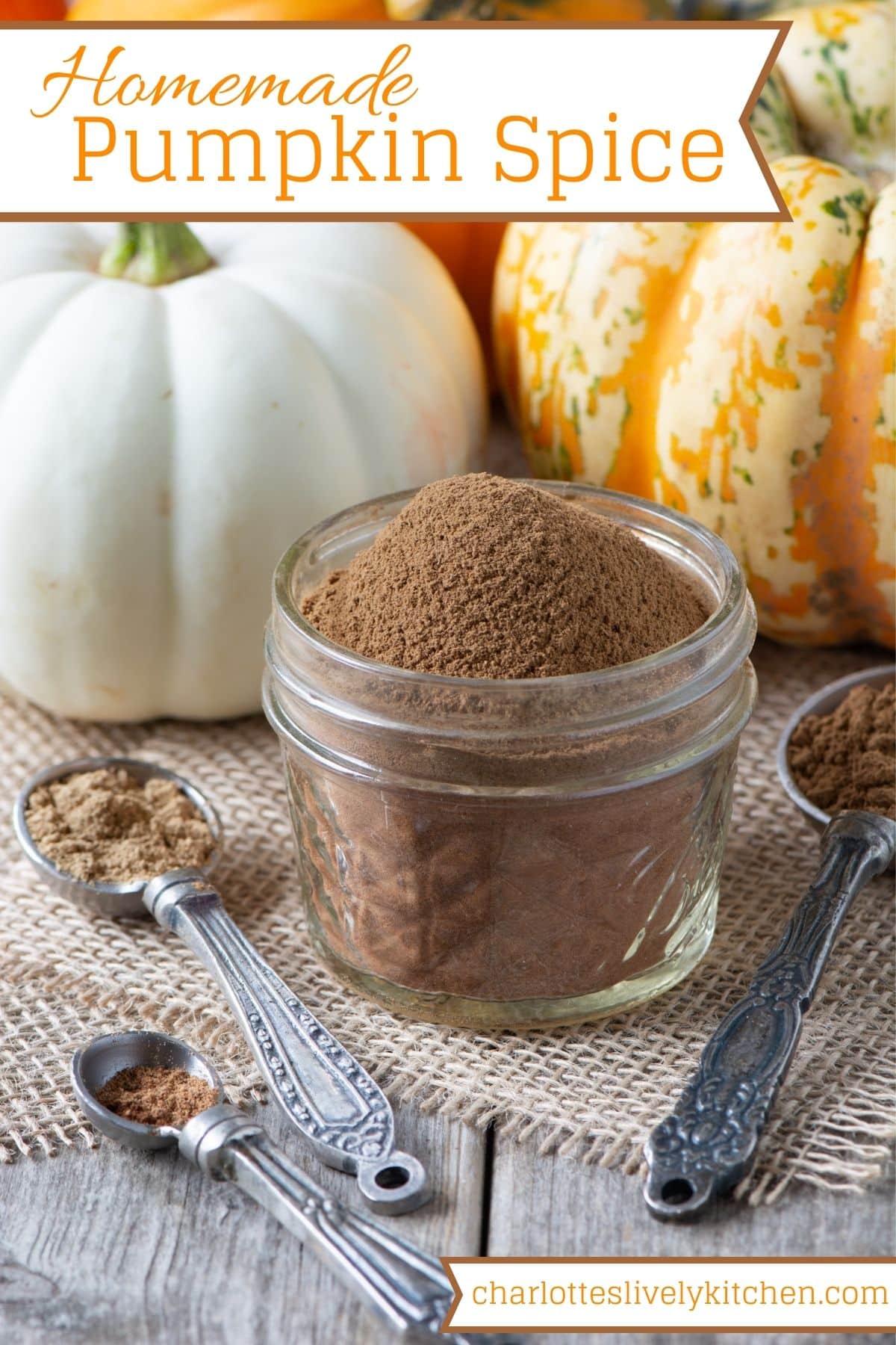 Pin graphics showing the pumpkin spice mix in a small jar with pumpkins behind and the various spices in spoons to the front. The website name and recipe title are included as text overlays. 