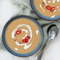 Two bowls of spiced parsnip soup from above